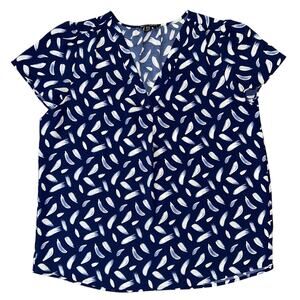 Hilary Radley Blue Brush Stroke Print V-Neck Blouse Top Medium